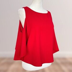 Alice + Olivia Coralee cold-shoulder flutter sleeve red blouse